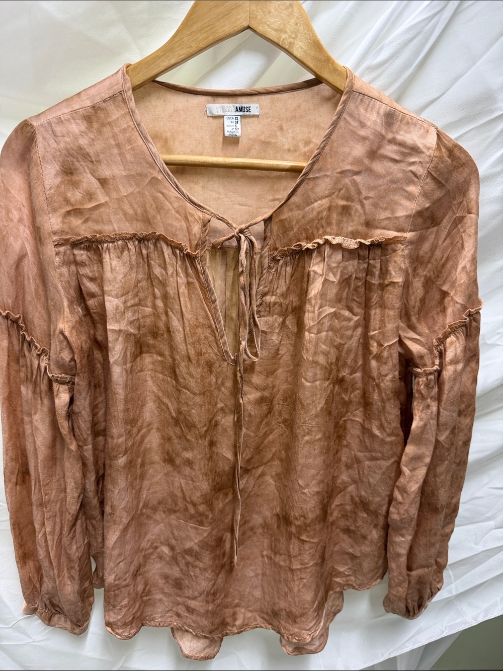 Amuse Society Rust-Tone Tie Front Peasant Blouse
